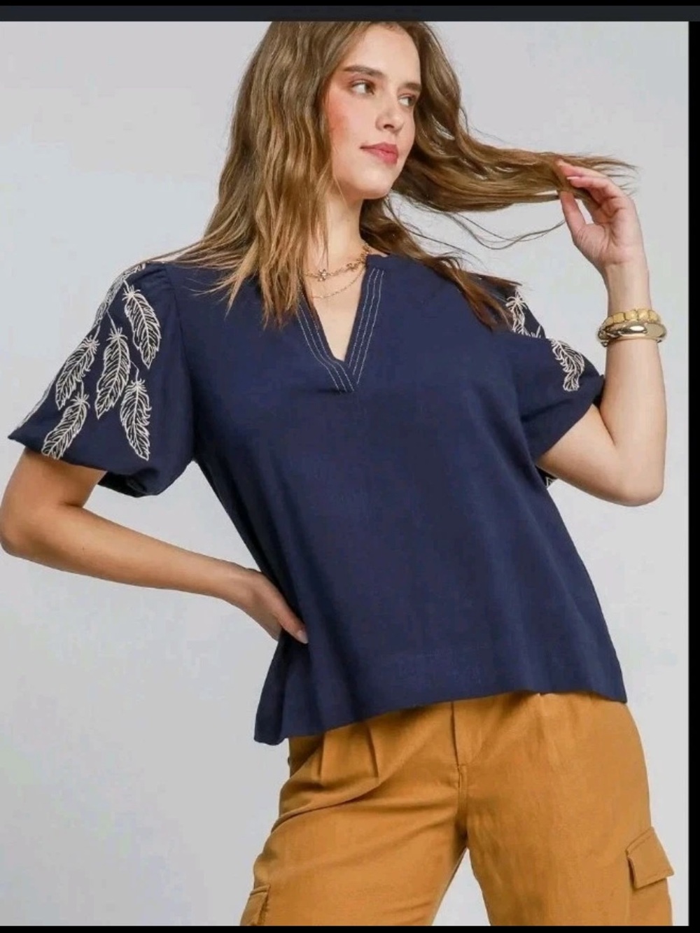 Umgee Navy Linen Blend Boho Top White Feather Embroidery Puff Sleeve Size S